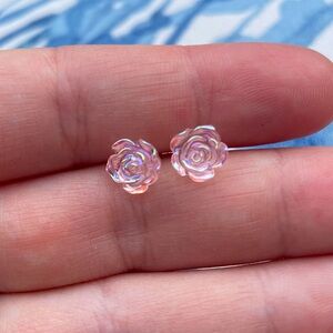 Dainty pink rose translucent stud earrings new silver gift flower adult girl